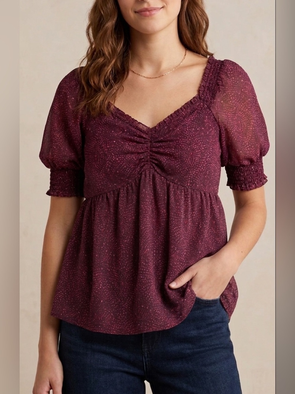 DR2 Daniel Rainn Maroon Floral Smocked Blouse M NWT